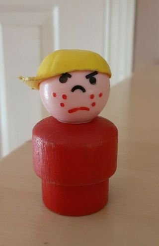 Vintage Fisher Price Little People Wood Red Mad Boy/bully Yellow Cap