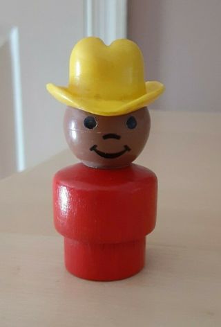 Vintage Fisher Price Little People Wood Red African American Boy/cowboy Hat