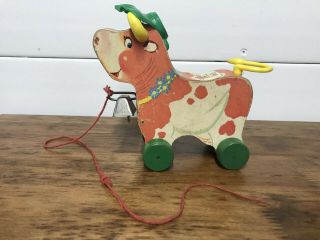 Vintage Bossy Bell Cow Fisher Price Wood Pull Toy Green Hat Fp