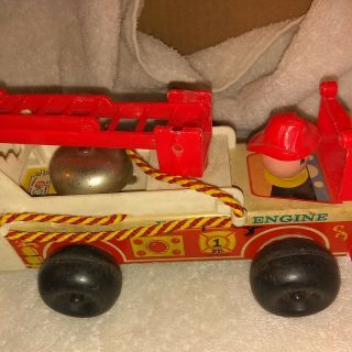 Vintage Fisher Price Little People Fire Truck Engine 720 Wood Toy 8 " W/bell 1968