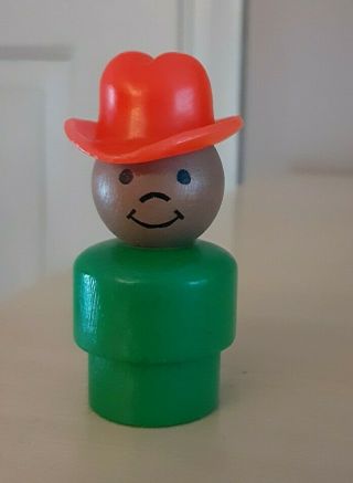 Vintage Fisher Price Little People Wood Green African American Boy/cowboy Hat