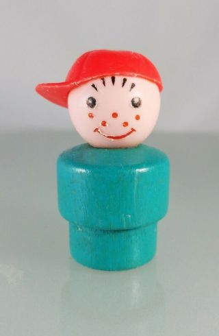 Fisher Price Vintage Little People Turquoise Boy Red Cap Wood Body