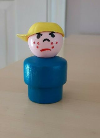 Htf Vintage Fisher Price Little People Wood Blue Mad Boy/bully Yellow Cap