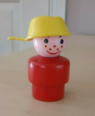 Vintage Fisher Price Little People Wood Red Boy - Yellow Pot/pan Head - Bus 192