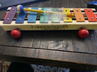 Vintage 1964 Fisher Price 870 Pull - A - Tune Wood Metal Xylophone Toy W/ Mallet