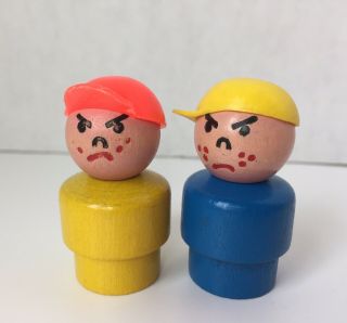 2 Vintage Fisher Price Little People All Wood Bully Angry Boys W Hats