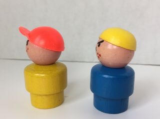 2 Vintage Fisher Price Little People All Wood Bully Angry Boys w Hats 3