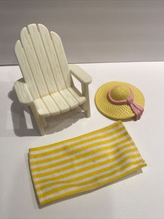 Fisher Price Loving Family Dollhouse White Adirondack Chair Beach Pool Towel Hat