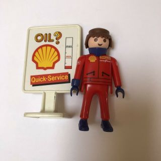 Playmobil Gas Station Attendant Mechanic Figure Shell Oil Sign 1992 Geobra