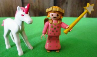 Playmobil Small Angel/fairy W/gold Wings & Pink Dress And Unicorn W/pink Horn
