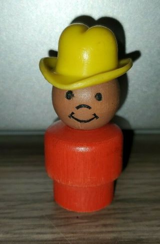Vintage Fisher Price Little People All Wood Red African American Boy/cowboy Hat