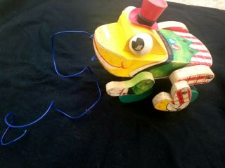 Vintage 1962 Fisher Price Buddy Bullfrog,  Wood Pull - Toy,  Color Still Vibrant