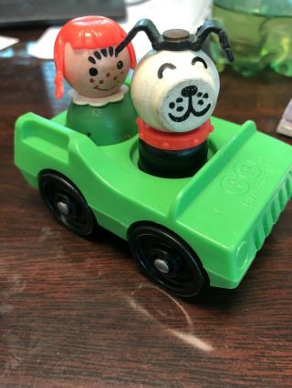 Vintage Fisher Price Wooden Little People With White And Green Car