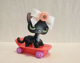 Littlest Pet Lps Black Siamese/shorthair Cat Kitty 336 Green Eyes W/skateboard