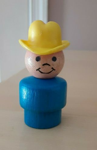 Vintage Fisher Price Little People All Wood Blue Farmer Boy/cowboy W/yellow Hat