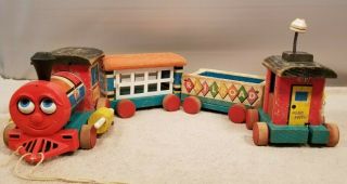 Vintage 1963 Fisher Price Huffy Puffy Train 4wooden Pull Toy Engine 999 Caboose