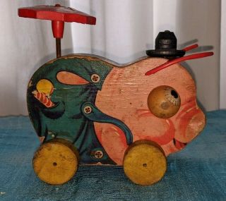 Vintage Fisher Price Pull Toy Wood Pinky Pig 695 Farm Barn Wheels Red Umbrella