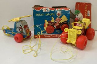 2 Vintage Fisher Price Pull Toys 724 Jolly Jalopy & 448 Mini Copter Orig Strings