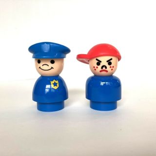 2 Vintage Fisher Price Little People Angry Boy Red Hat And Police Officer Cop 3 "