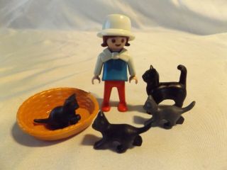 Playmobil City Or Victorian Girl W/ Cat And 3 Kittens,  Basket For Doll House Pet