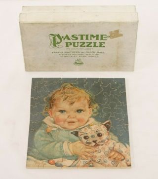 Vtg 1932 Parker Bros Wooden Jigsaw Puzzle Pastimes Puzzle Baby & Gingham Dog