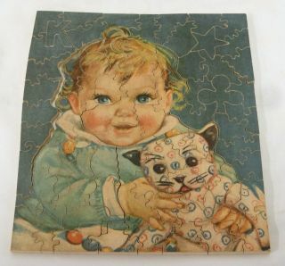 Vtg 1932 Parker Bros Wooden Jigsaw Puzzle Pastimes Puzzle Baby & Gingham Dog 2