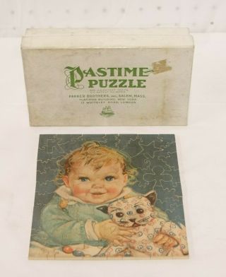Vtg 1932 Parker Bros Wooden Jigsaw Puzzle Pastimes Puzzle Baby & Gingham Dog 3