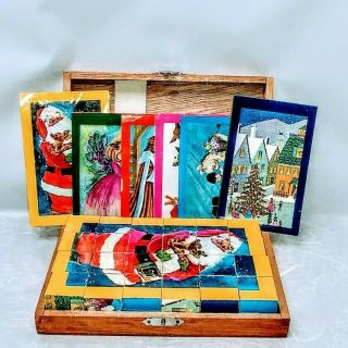 Wood Block Puzzle Set 6 Sided Blocks - 6 Pictures 1940 " S Mid Century Christmas