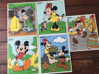 5 Vtg Walt Disney Playskool Wooden Puzzles Mickey & Minnie Snow White Pinnochio