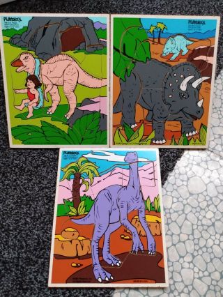 3 Vintage Playskool Wood Puzzles Dinosaurs.  1987 Great Shape