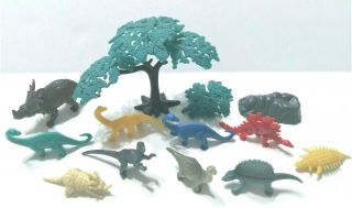 10 Small Dinosaur Figure Toys (3 Safari Ltd & 7 No Brands) With A Tree & Rock