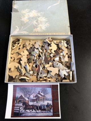 127pc Antique Wood Jigsaw Puzzle Scribner Louise 1950 Currier Ives Winter Morn