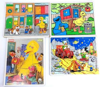 4 Vintage Playskool Sesame Street Disney Wooden Puzzles - Mickey Big Bird
