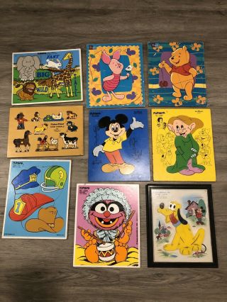 9 Vintage Child Wooden Puzzles Disney Playskool Fisher Price Muppets Mickey Pooh