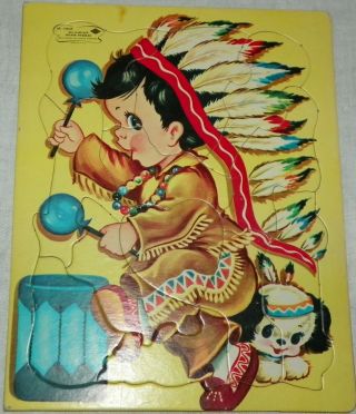 Vintage Sta - N - Place Boy Dressed As An Indian Chief Tray Puzzle 1960s Made In Usa