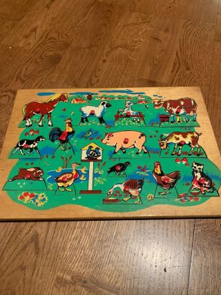 Vintage Simplex Wooden Puzzle With Pegs Made In Holland Farm Animals With Names