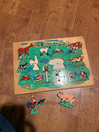 Vintage Simplex Wooden Puzzle with Pegs Made in Holland Farm Animals with names 2