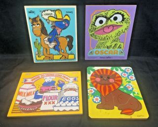 Vintage Playskool Wood Puzzles (4).  3 - Sesame St.  - 1 Simplex Toys Lion