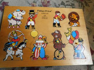 Vtg Fisher Price Circus Peg Peek A Boo Wooden Puzzle 8 Pc 516 Elephant Lion Bear