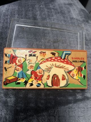 Vintage Simplex Holland Wooden Puzzle Garden Gnomes W/ Case 4.  5 " X 2 "