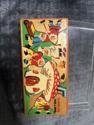 Vintage Simplex Holland Wooden Puzzle Garden Gnomes w/ case 4.  5 
