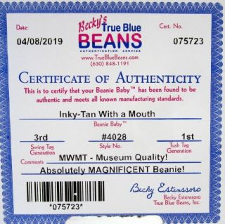 Authenticated Ty Beanie Baby 3rd / 1st Gen TAN INKY w/ MOUTH Pristine & MWMT MQ 2