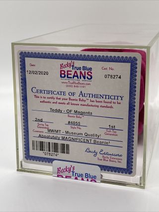 Authenticated True Blue Beans Teddy Of Magenta Ty Beanie Baby Mwmt Mq 2nd/1st