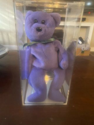 Extremely Rare Authenticated Ty Beanie Employee Teddy Violet Green Ribbon Mwmtmq