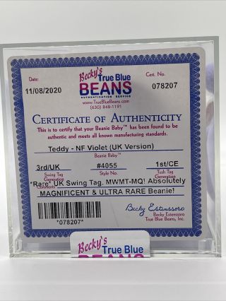 Authenticated - Nf Violet Teddy - Ultra Rare Uk - Ty Beanie Baby Mwmt Mq 3rd/1st