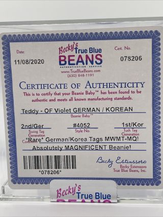 Authenticated Of Violet Teddy Rare German Korean Ty Beanie Baby Mwmt Mq 2nd/1st