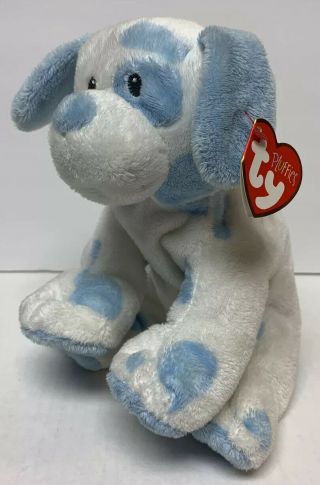Ty Pluffies Tylux White Blue Spots Puppy Dog Stuffed Plush 2012 Baby Pups