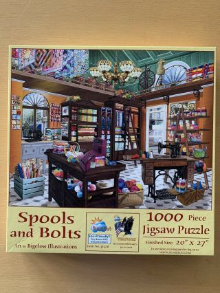 Complete 1000 Pc Sunsout Jigsaw Puzzle " Spools And Bolts " 20x27 Made In Usa