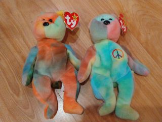 2 - Ty Beanie Baby Bears Peace And Garcia - Tie - Dyed Bears
