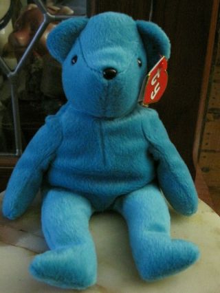 1993 Ty 1st Gen Beanie Baby Teddy Teal Blue Bear 4051 1st Face Original? Creased